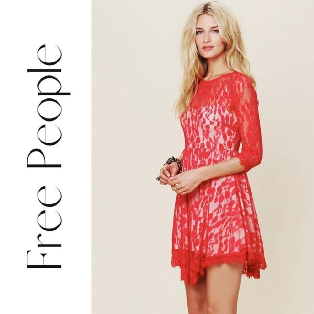 Free People 1/2 Sleeve Red Lace Dress